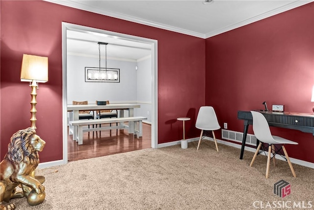 161 Pinecrest Ter, Athens, GA 30606 - office area featuring carpet floors, a chandelier, ornamental molding, and baseboards