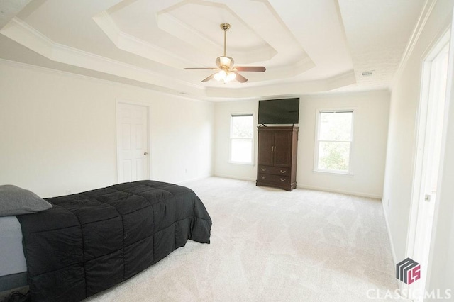 1851 Harvest Way, Loganville, GA 30052 - carpeted bedroom featuring a raised ceiling, crown molding, and ceiling fan