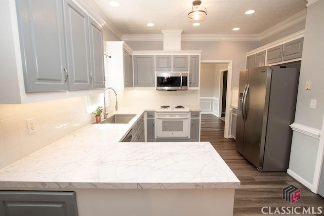 1851 Harvest Way, Loganville, GA 30052 - kitchen featuring appliances with stainless steel finishes, a sink, gray cabinetry, dark wood-type flooring, and ornamental molding