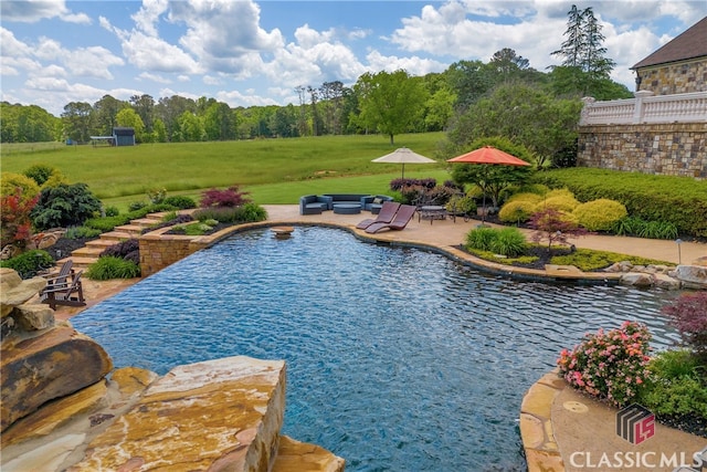 3881 Sims Bridge Rd, Monroe, GA 30656 - outdoor pool with a patio area, an outdoor living space, and a yard