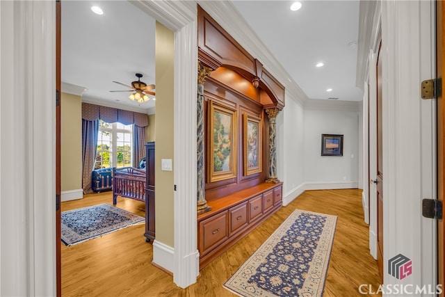 3881 Sims Bridge Rd, Monroe, GA 30656 - hall with ornamental molding, baseboards, light wood-style floors, and recessed lighting