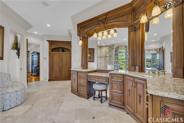 3881 Sims Bridge Rd, Monroe, GA 30656 - bathroom featuring ornate columns, crown molding, a walk in shower, vanity, and recessed lighting
