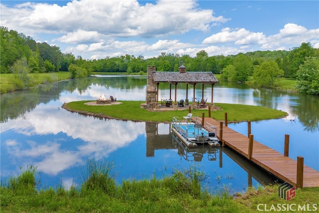 3881 Sims Bridge Rd, Monroe, GA 30656 - dock area featuring a water view, a wooded view, a lawn, and a gazebo