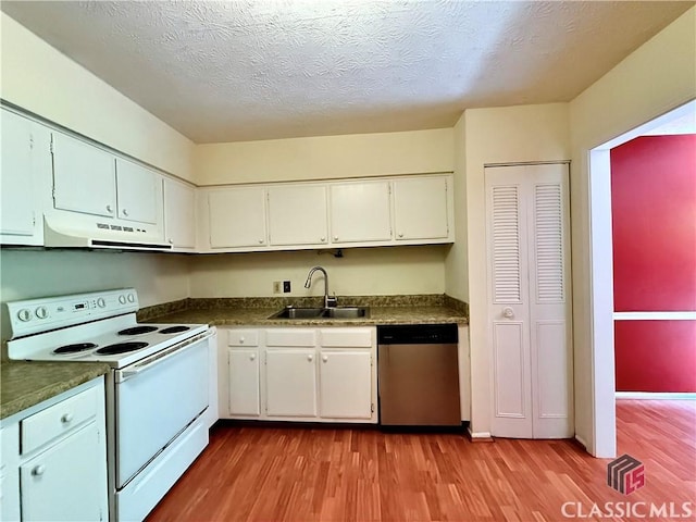 168 Scandia Cir, Athens, GA 30605 - kitchen featuring stainless steel dishwasher, white range with electric cooktop, a sink, under cabinet range hood, and wood finished floors