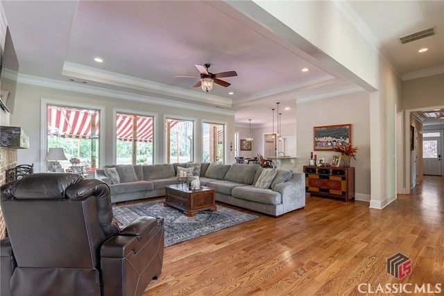 1641 Lane Creek Rd, Bogart, GA 30622 - living area featuring plenty of natural light, ceiling fan, light wood-type flooring, a tray ceiling, and crown molding