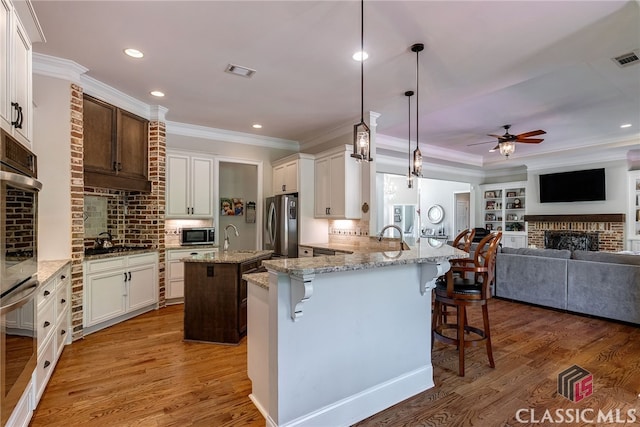 1641 Lane Creek Rd, Bogart, GA 30622 - kitchen with stainless steel appliances, a fireplace, ceiling fan, a kitchen bar, and crown molding