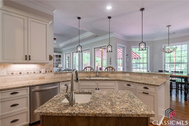 1641 Lane Creek Rd, Bogart, GA 30622 - kitchen featuring stainless steel dishwasher, a sink, dark wood finished floors, light stone counters, and crown molding
