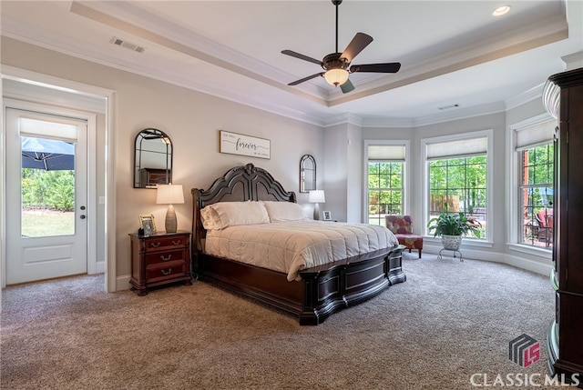 1641 Lane Creek Rd, Bogart, GA 30622 - carpeted bedroom with a raised ceiling, multiple windows, ornamental molding, and a ceiling fan