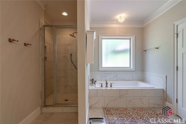 1641 Lane Creek Rd, Bogart, GA 30622 - full bathroom featuring a bath, a shower stall, and ornamental molding