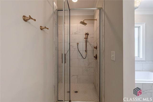 1641 Lane Creek Rd, Bogart, GA 30622 - full bathroom with crown molding, a shower stall, and a garden tub