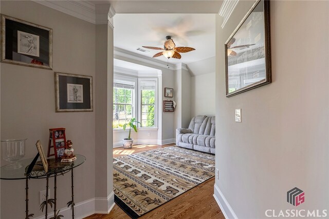 1641 Lane Creek Rd, Bogart, GA 30622 - hallway featuring baseboards, wood finished floors, and ornamental molding