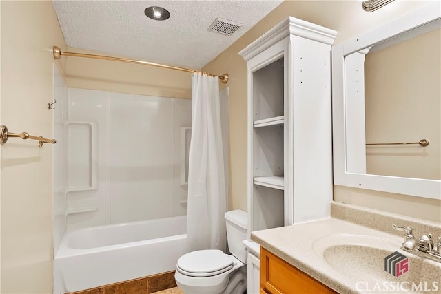 131 E Broad St Unit 506, Athens, GA 30601 - bathroom with vanity, a textured ceiling, toilet, shower / bathtub combination with curtain, and tile patterned flooring