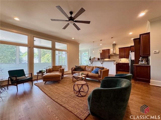 64 Charter Oak Dr, Athens, GA 30607 - living area with crown molding, ceiling fan, dark wood finished floors, baseboards, and recessed lighting