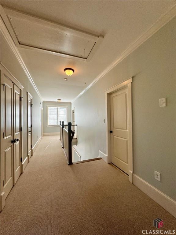 64 Charter Oak Dr, Athens, GA 30607 - hall featuring attic access, ornamental molding, light carpet, baseboards, and an upstairs landing