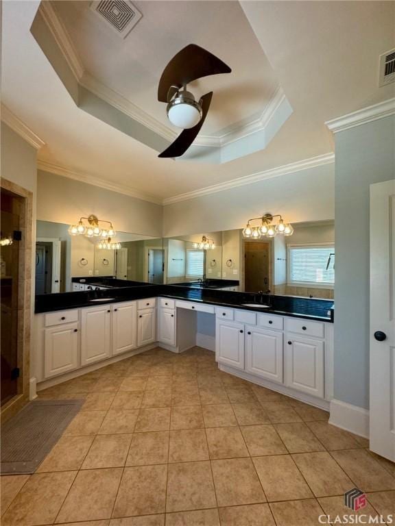 64 Charter Oak Dr, Athens, GA 30607 - bathroom featuring a tray ceiling, ornamental molding, tile patterned flooring, vanity, and ceiling fan