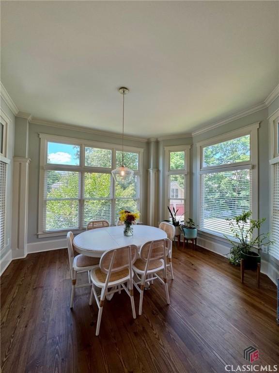 64 Charter Oak Dr, Athens, GA 30607 - dining space featuring crown molding, dark wood-style floors, and baseboards