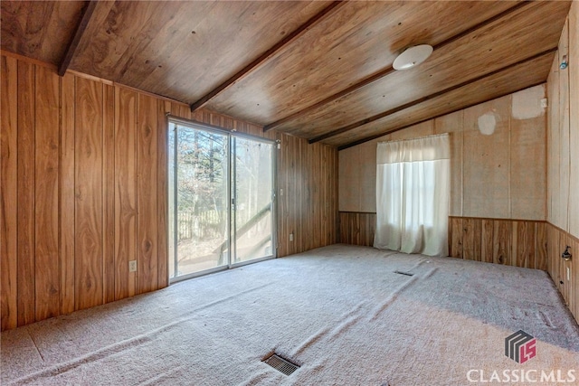 1200 Burr Harris Rd, Watkinsville, GA 30677 - carpeted empty room with lofted ceiling, wood walls, and wooden ceiling