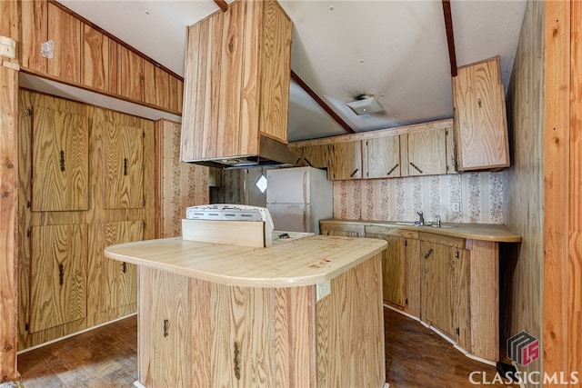 1200 Burr Harris Rd, Watkinsville, GA 30677 - kitchen with freestanding refrigerator, wallpapered walls, dark wood-style floors, light countertops, and a sink