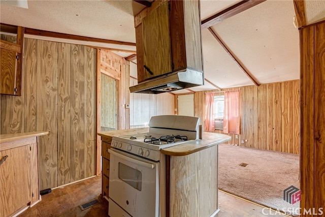 1200 Burr Harris Rd, Watkinsville, GA 30677 - kitchen featuring gas range gas stove, under cabinet range hood, wooden walls, carpet flooring, and a textured ceiling