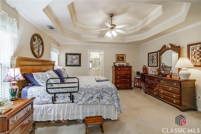 1663 Oconee Pt, Jefferson, GA 30549 - bedroom with a raised ceiling, ornamental molding, light colored carpet, ensuite bath, and ceiling fan