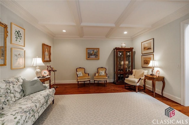1181 Knob Creek Dr, Athens, GA 30606 - living room featuring wood finished floors, coffered ceiling, beamed ceiling, recessed lighting, and ornamental molding