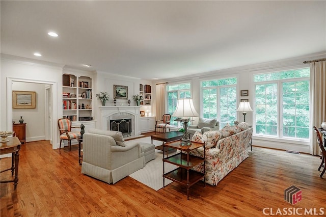 1181 Knob Creek Dr, Athens, GA 30606 - living room with healthy amount of natural light, a fireplace, wood finished floors, ornamental molding, and built in shelves
