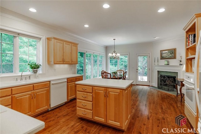 1181 Knob Creek Dr, Athens, GA 30606 - kitchen with white appliances, dark wood finished floors, light countertops, plenty of natural light, and ornamental molding