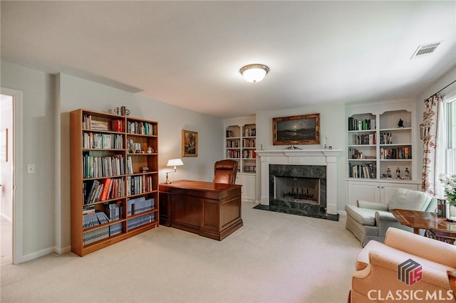 1181 Knob Creek Dr, Athens, GA 30606 - office area featuring a fireplace, light carpet, and built in features
