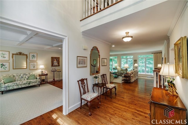 1181 Knob Creek Dr, Athens, GA 30606 - living area with wood finished floors, crown molding, beam ceiling, coffered ceiling, and recessed lighting