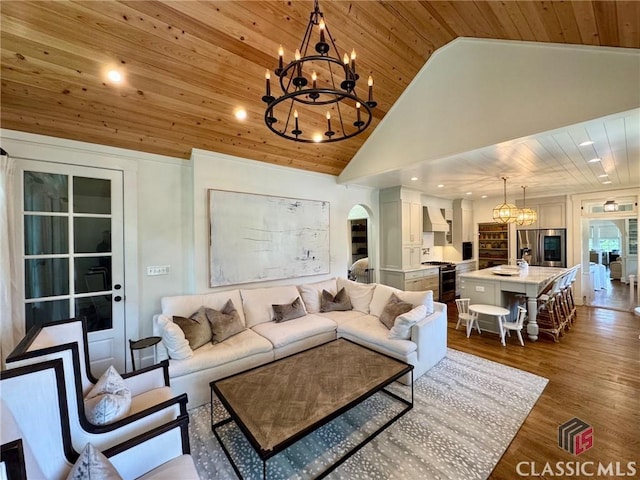 125 Woodland Way, Athens, GA 30606 - living room featuring a chandelier, wood ceiling, arched walkways, wood finished floors, and recessed lighting