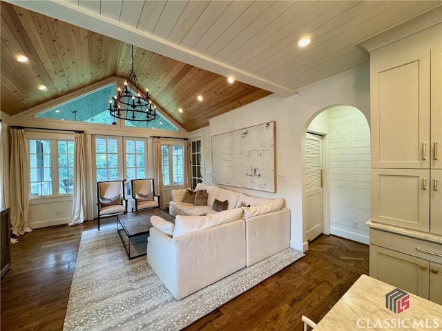 125 Woodland Way, Athens, GA 30606 - living area featuring dark wood-type flooring, plenty of natural light, a chandelier, wooden ceiling, and recessed lighting