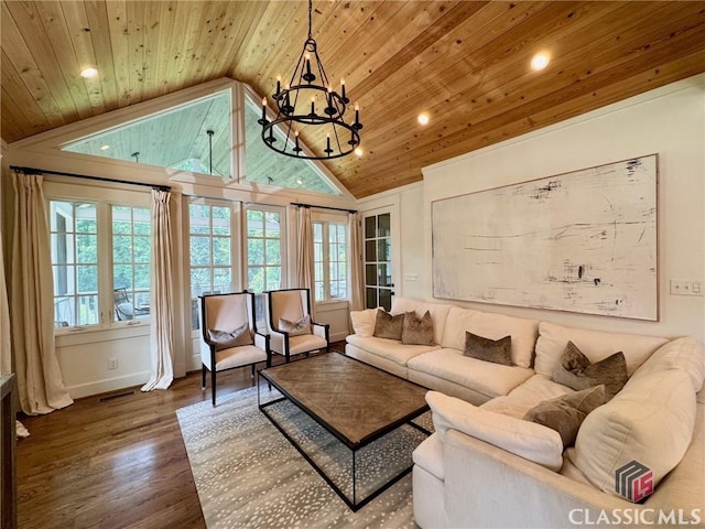 125 Woodland Way, Athens, GA 30606 - living area with healthy amount of natural light, a chandelier, wooden ceiling, wood finished floors, and recessed lighting