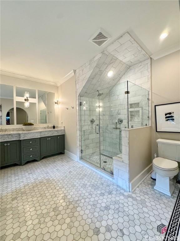 125 Woodland Way, Athens, GA 30606 - bathroom with baseboards, toilet, double vanity, a stall shower, and ornamental molding