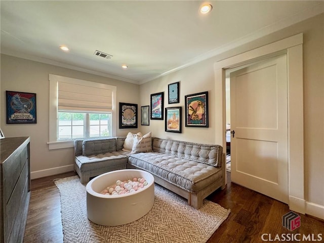 125 Woodland Way, Athens, GA 30606 - living room featuring dark wood-type flooring, ornamental molding, recessed lighting, and baseboards