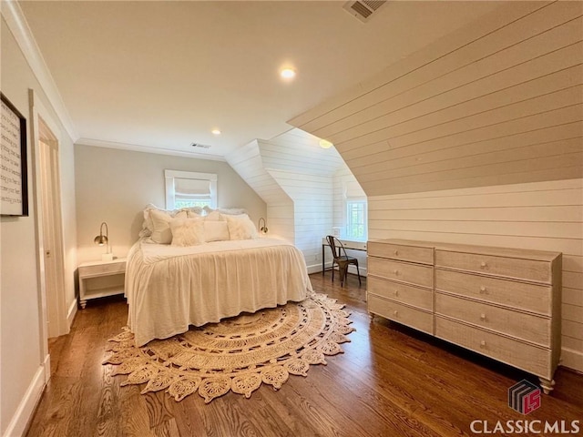 125 Woodland Way, Athens, GA 30606 - bedroom featuring dark wood-type flooring, lofted ceiling, recessed lighting, ornamental molding, and baseboards