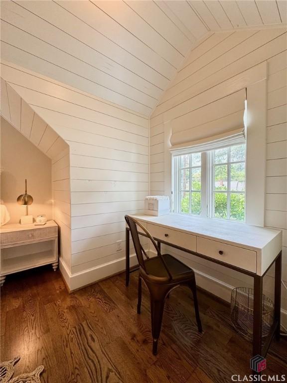 125 Woodland Way, Athens, GA 30606 - office featuring vaulted ceiling, dark wood-type flooring, wood walls, baseboards, and wooden ceiling