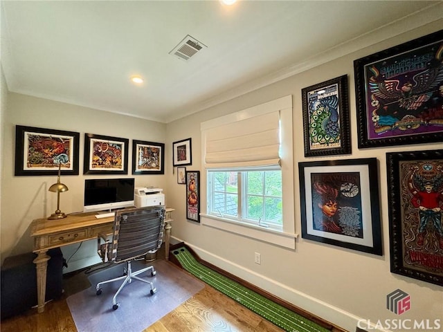 125 Woodland Way, Athens, GA 30606 - home office featuring wood finished floors, baseboards, crown molding, and recessed lighting