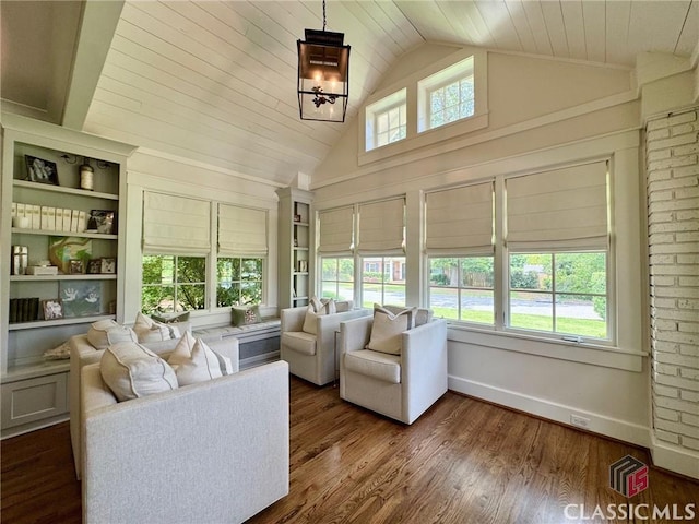 125 Woodland Way, Athens, GA 30606 - sunroom / solarium with wood finished floors, baseboards, wood ceiling, a chandelier, and high vaulted ceiling