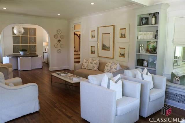 125 Woodland Way, Athens, GA 30606 - living area featuring arched walkways, stairs, dark wood-style floors, crown molding, and recessed lighting