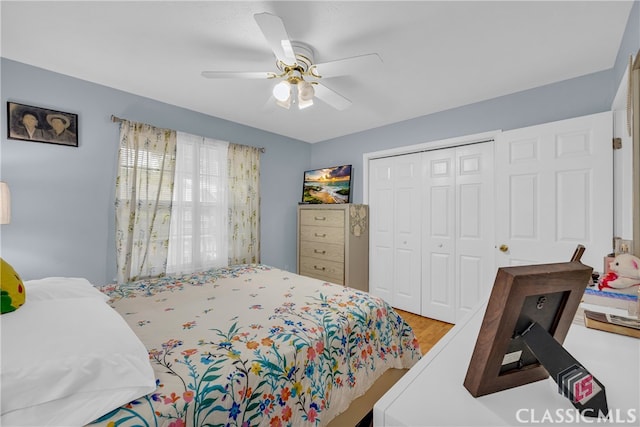 5480 Apache Trl, Gainesville, GA 30506 - bedroom featuring a closet, ceiling fan, and wood finished floors