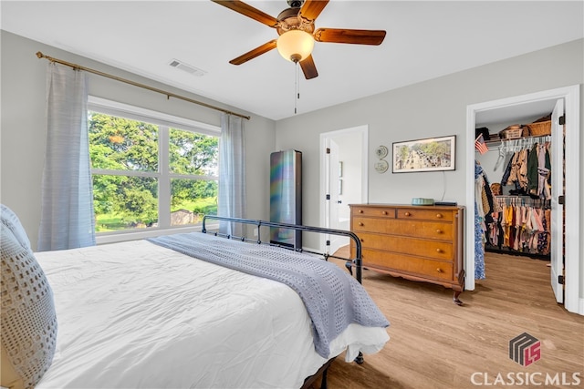 120 Peach Ln, Royston, GA 30662 - bedroom featuring a walk in closet, light wood-type flooring, a closet, and ceiling fan