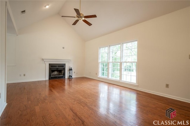 170 Chadds Walk, Athens, GA 30606 - unfurnished living room with ceiling fan, high vaulted ceiling, wood finished floors, and a fireplace