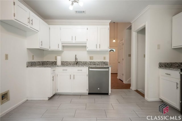 170 Chadds Walk, Athens, GA 30606 - kitchen featuring stainless steel dishwasher, light stone counters, white cabinetry, and ornamental molding