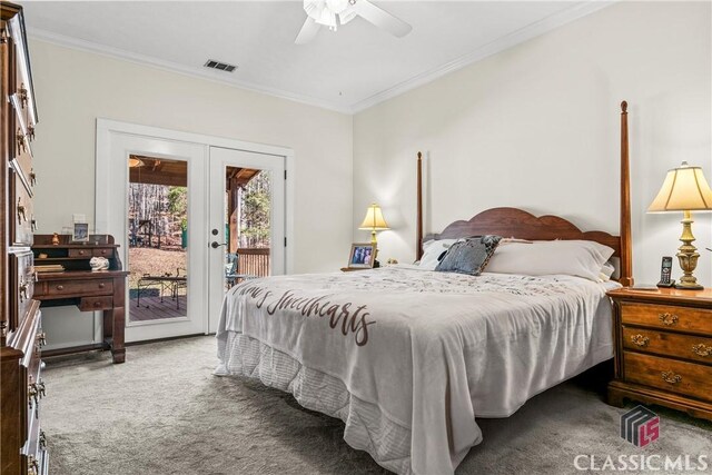 1233 Staplers Bridge Rd, Nicholson, GA 30565 - bedroom featuring carpet flooring, french doors, crown molding, access to exterior, and a ceiling fan