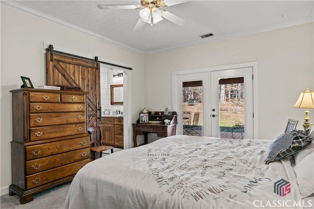 1233 Staplers Bridge Rd, Nicholson, GA 30565 - carpeted bedroom with a barn door, access to outside, ornamental molding, french doors, and ceiling fan