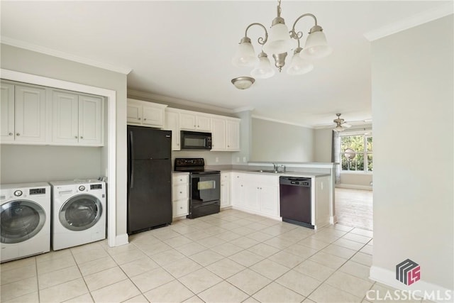 105 Whitehead Rd Unit 17, Athens, GA 30606 - kitchen with black appliances, washing machine and dryer, ornamental molding, a chandelier, and a peninsula