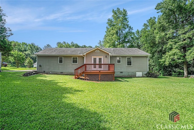 148 Hunters Crossing Rd, Athens, GA 30606 - back of house with crawl space, french doors, a yard, and a wooden deck