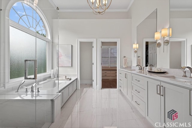 1232 Everton Pl, Cumming, GA 30041 - full bath with marble finish flooring, double vanity, ornamental molding, plenty of natural light, and a chandelier