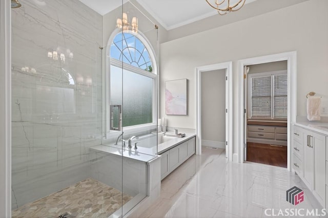 1232 Everton Pl, Cumming, GA 30041 - full bath with a chandelier, double vanity, a marble finish shower, ornamental molding, and marble finish floors
