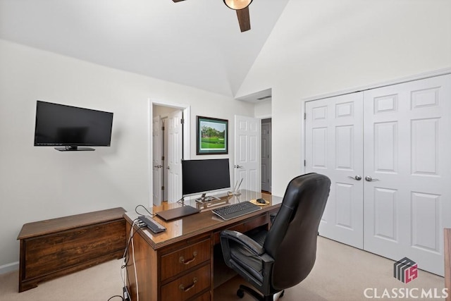 1232 Everton Pl, Cumming, GA 30041 - office area with light colored carpet, a ceiling fan, and vaulted ceiling